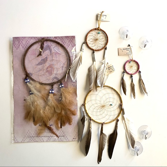 Handmade Native American Dreamcatchers set of 4 feathers leather beads - Picture 1 of 8